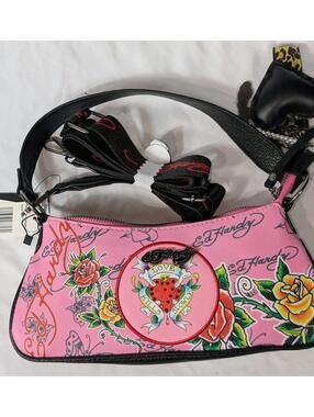 Ed Hardy Pink Love Kills Slowly Baguette Bag & Charms NWT Crossbody Set Y2K